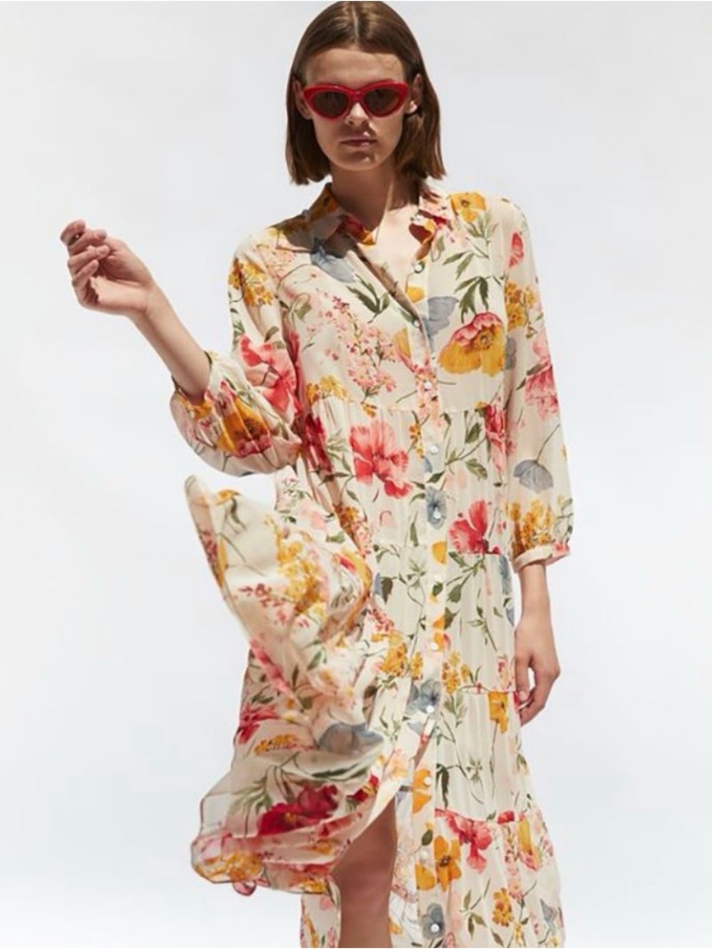 Zara Floral Button-Front Maxi Dress in Cream and Pink